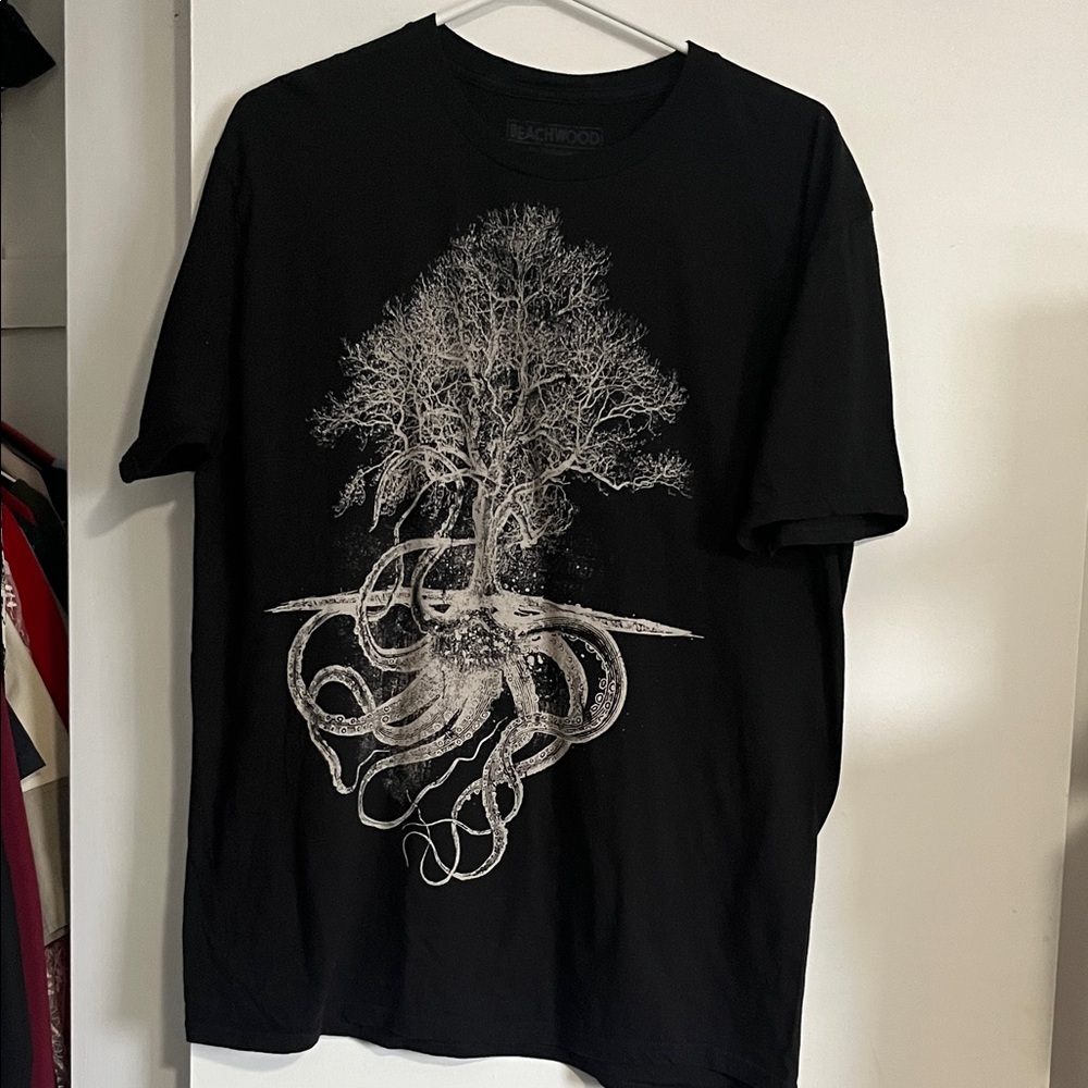 Black Graphic Tee with Tree and Octopus Design